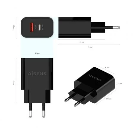 AISENS Cargador de Pared 20W con 1xUSB-C PD3.0 y 1xUSB-A QC3.0, Negro